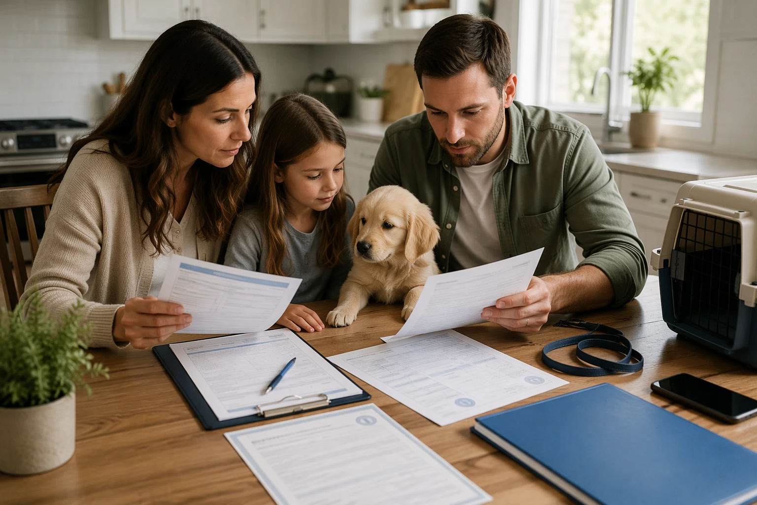 Family reviewing puppy vaccination records at kitchen table