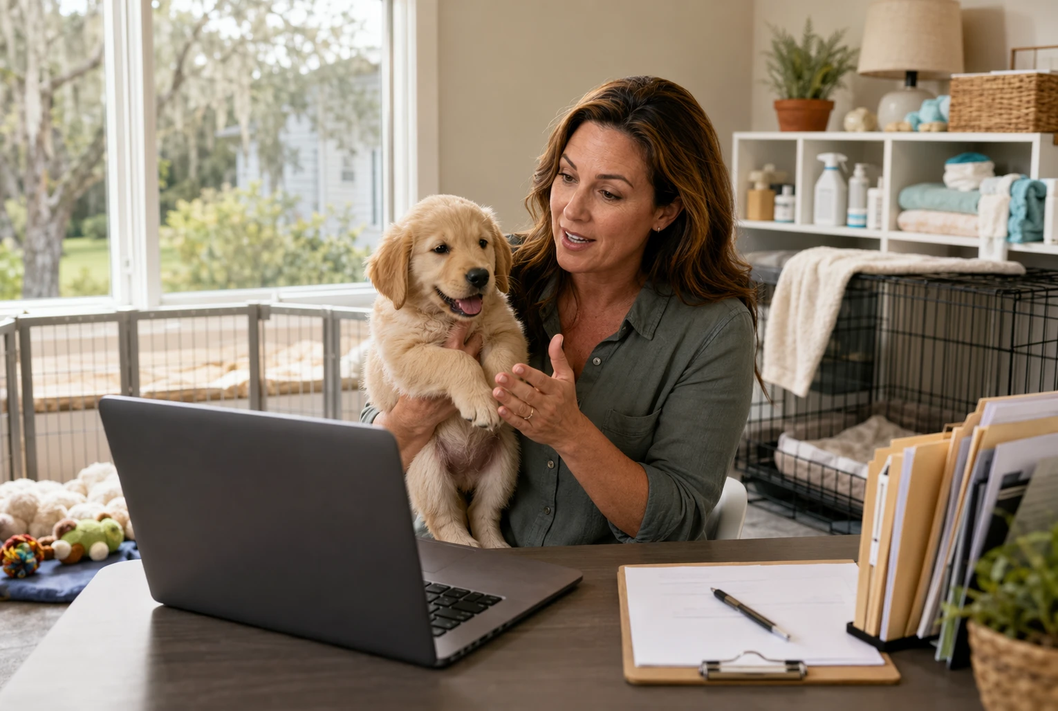 Breeder on video call with puppy in tidy nursery