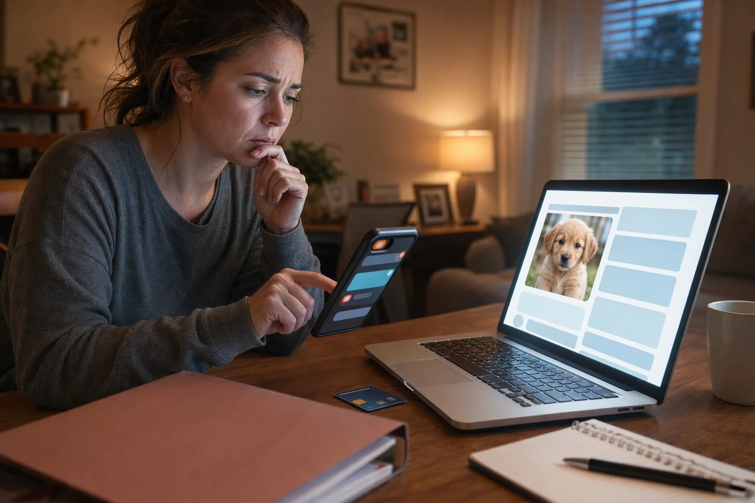 Buyer hesitating over phone payment near glowing puppy listing