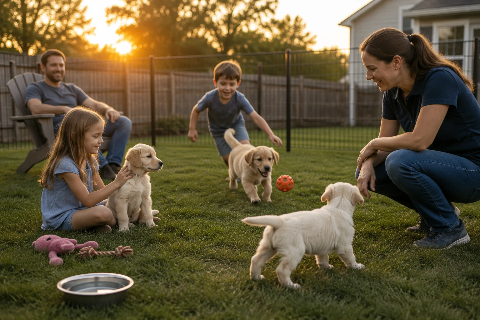 Breeder observing playful puppies with children at sunset