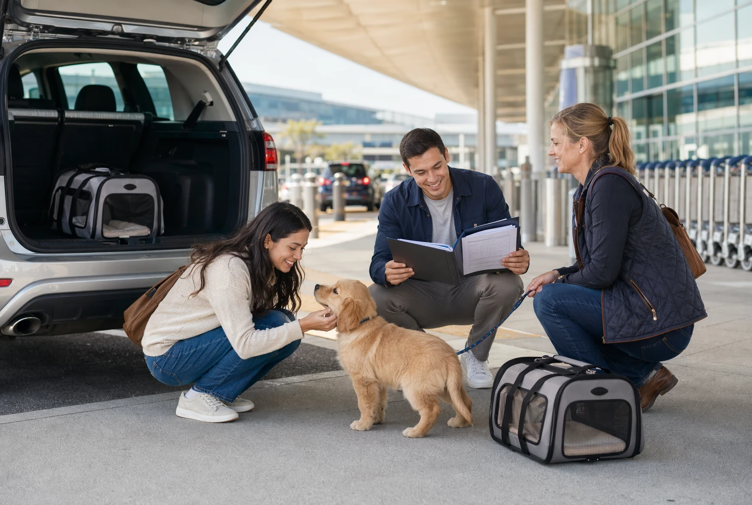 Puppy transfer at airport curb with owners