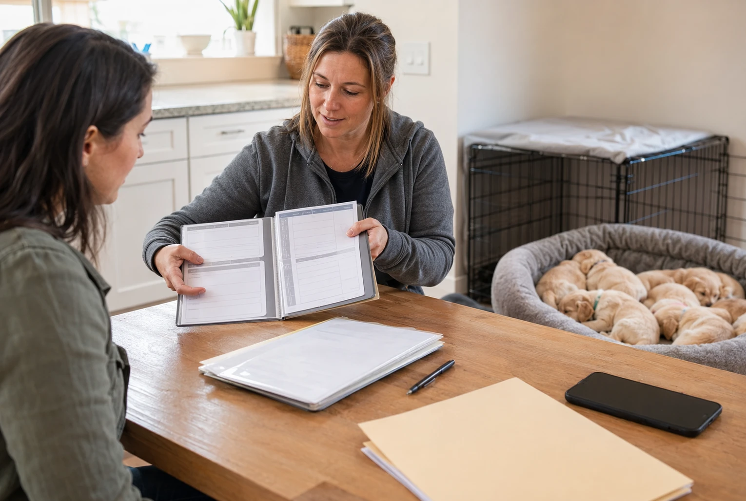 Breeder showing puppy health records at kitchen table