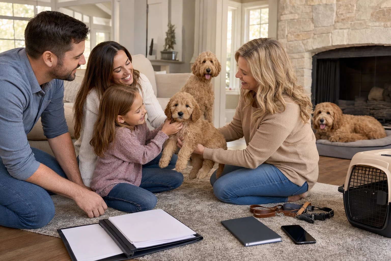 Family meeting a breeder with puppies in Maryland living room