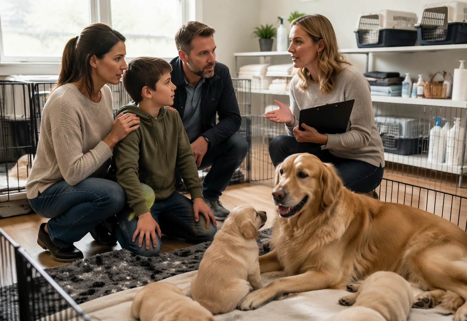 Family with puppy and mother in clean nursery