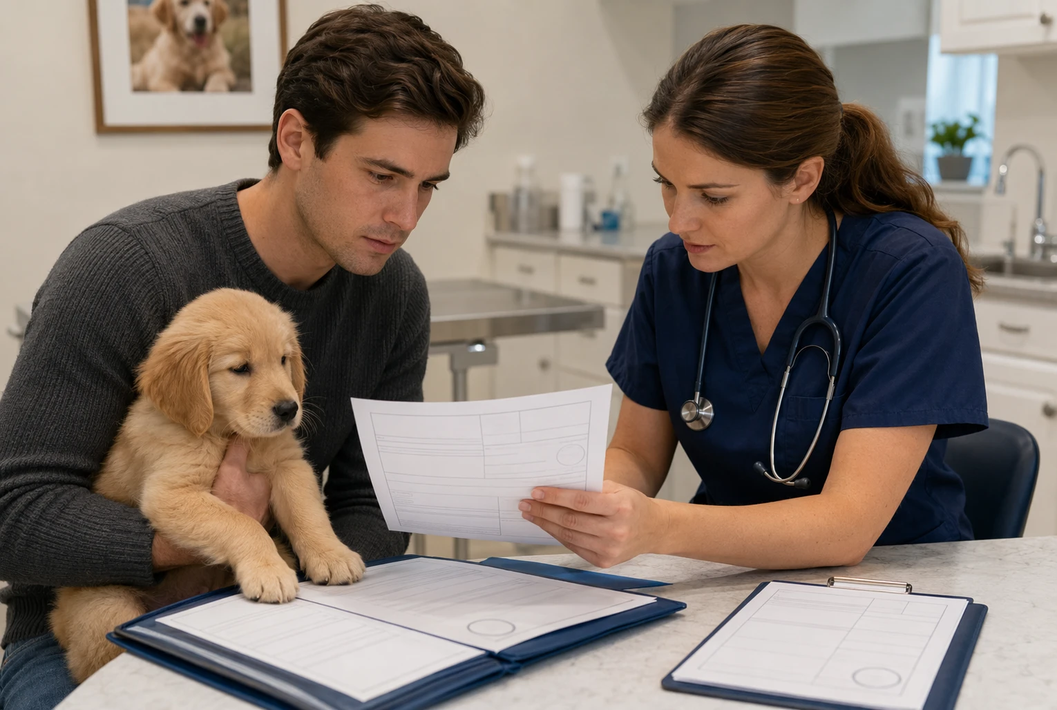 Buyer reviewing puppy health certificate at veterinary clinic
