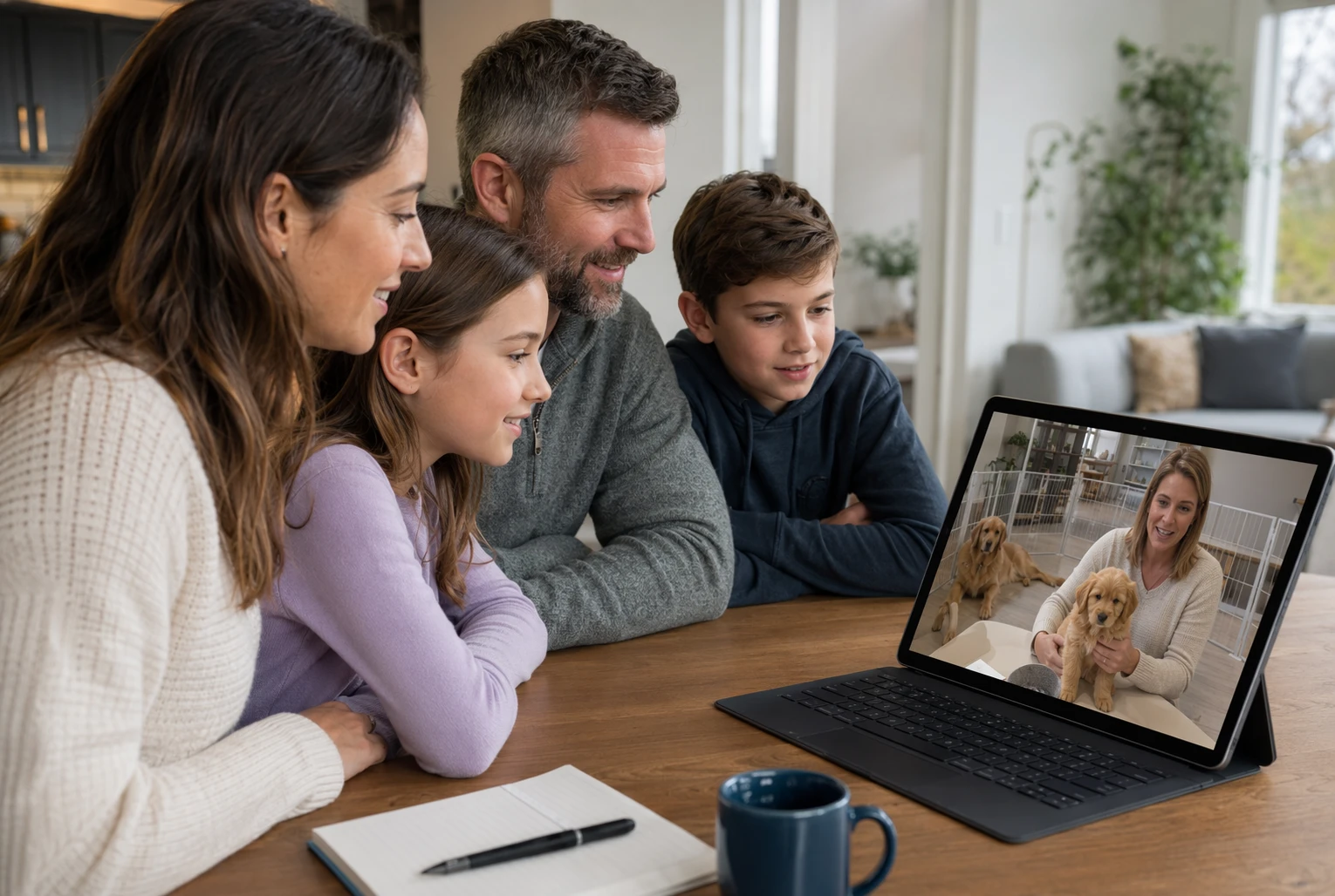 Family on video call with breeder showing puppy