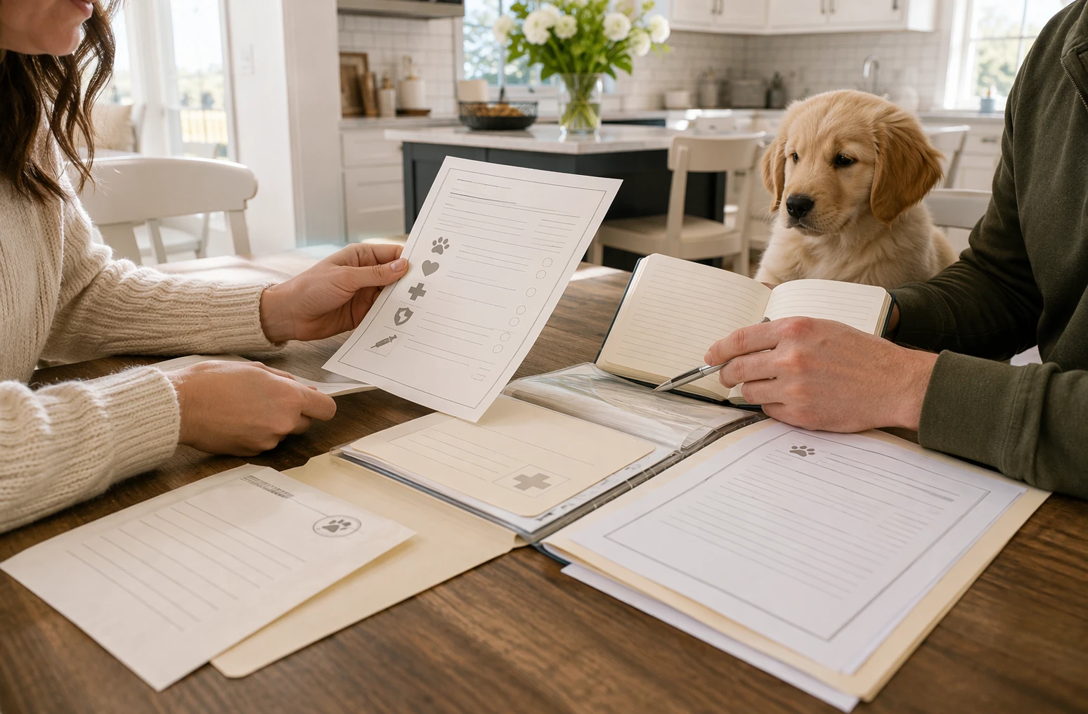Buyer reviewing puppy medical records at kitchen table