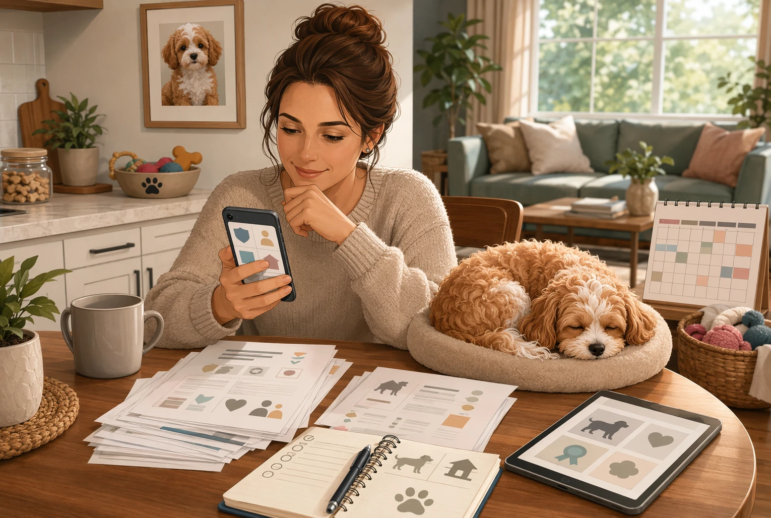 Parent reviewing breeder policies on phone beside sleeping Cavapoo puppy