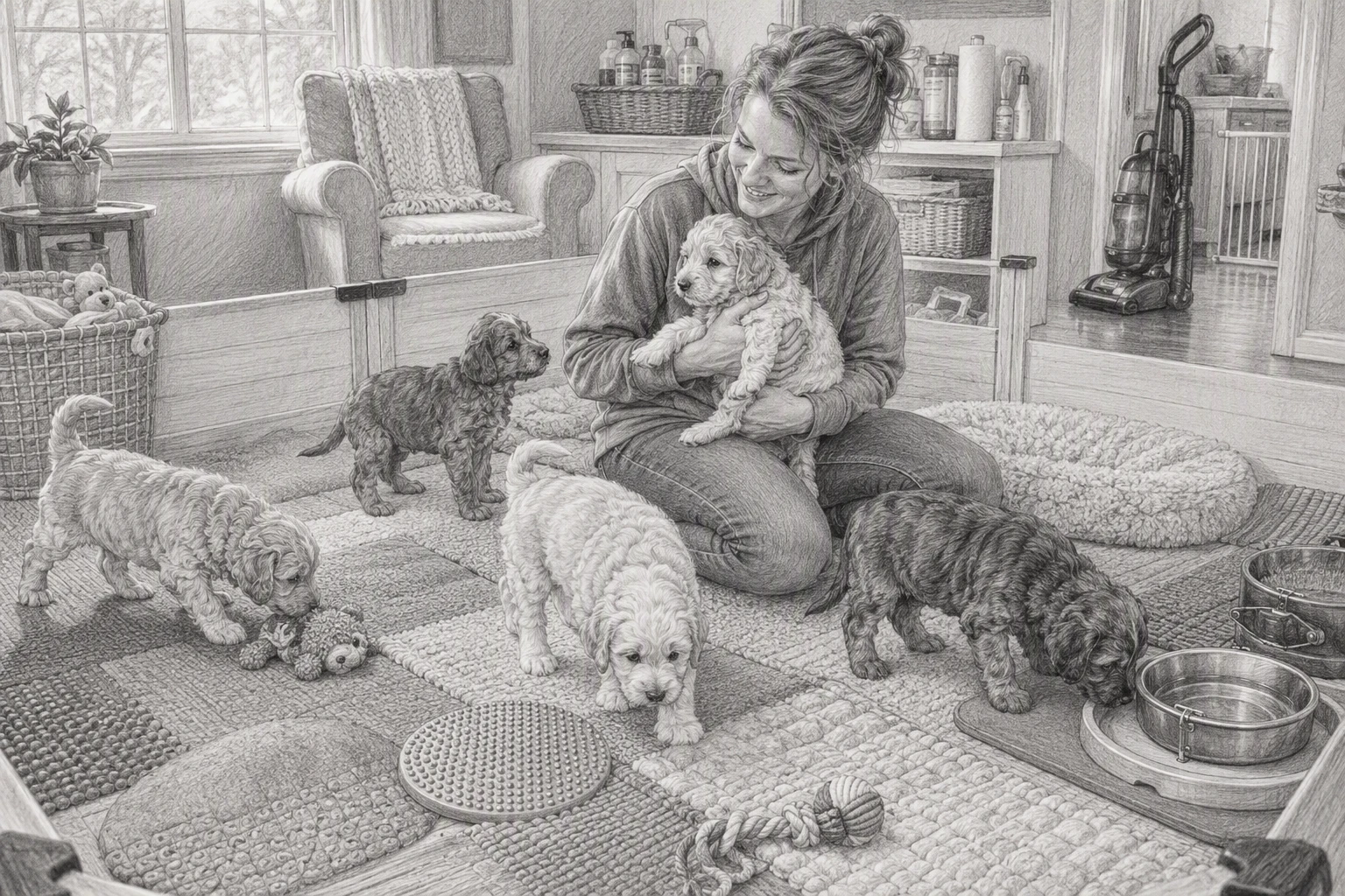 Family breeder caring for young puppies in bright home environment