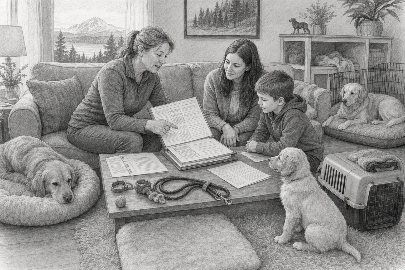 Breeder reviewing puppy health records with family