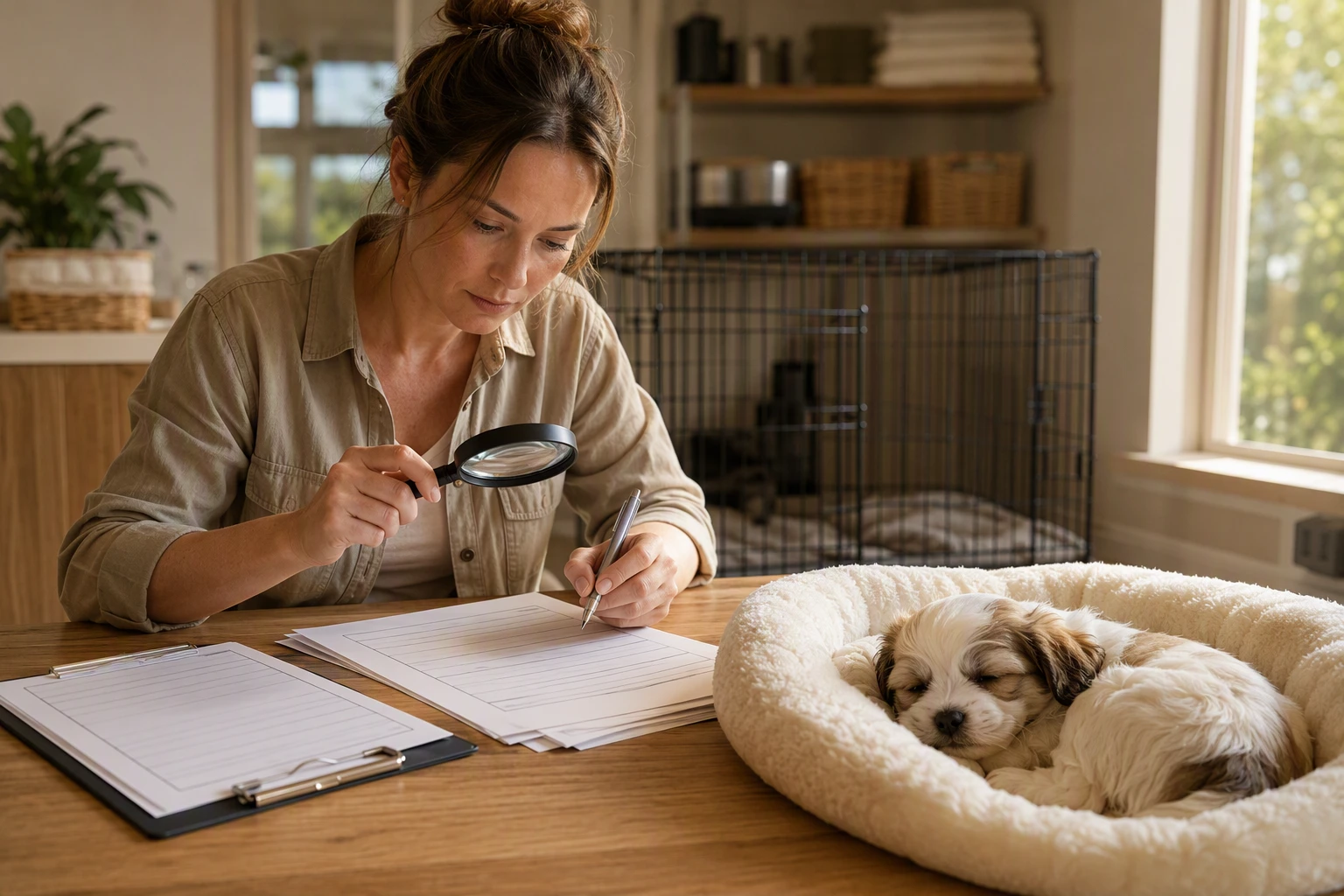 Breeder reviews digital inspection reports beside sleeping puppy
