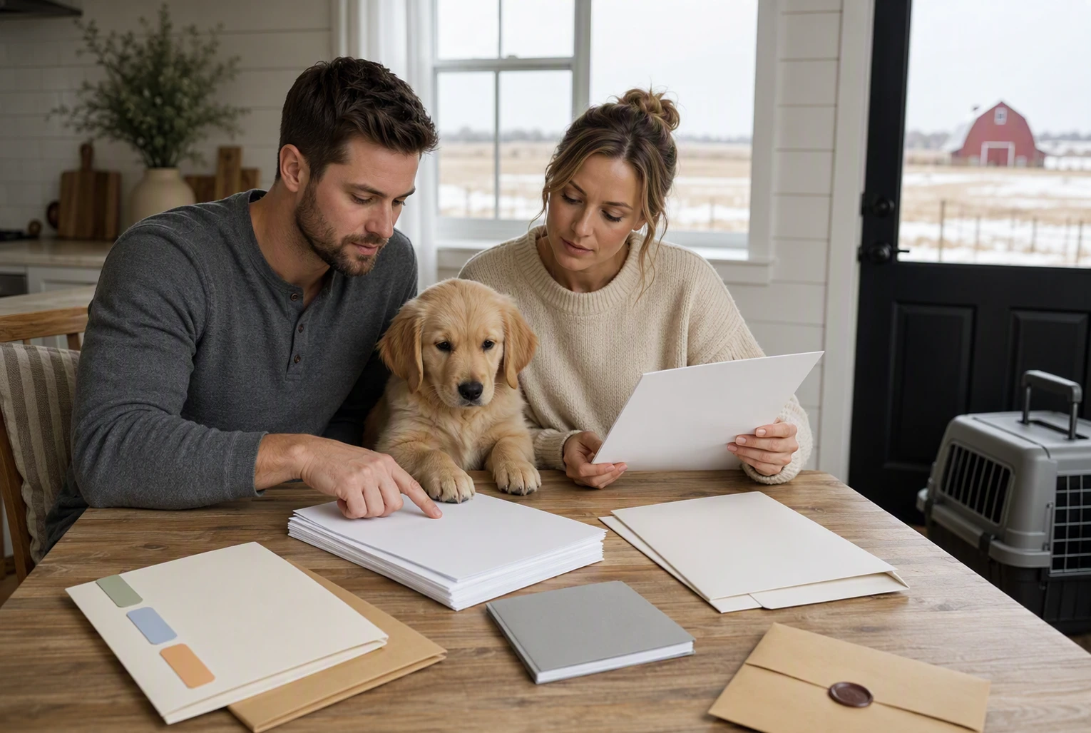 Couple reviewing puppy paperwork at kitchen table
