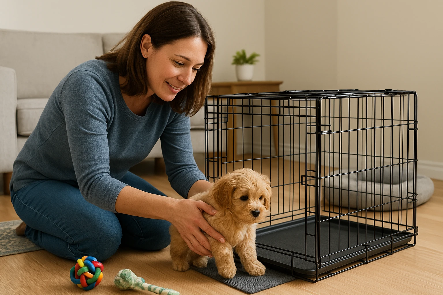 Breeder introducing puppies to a crate