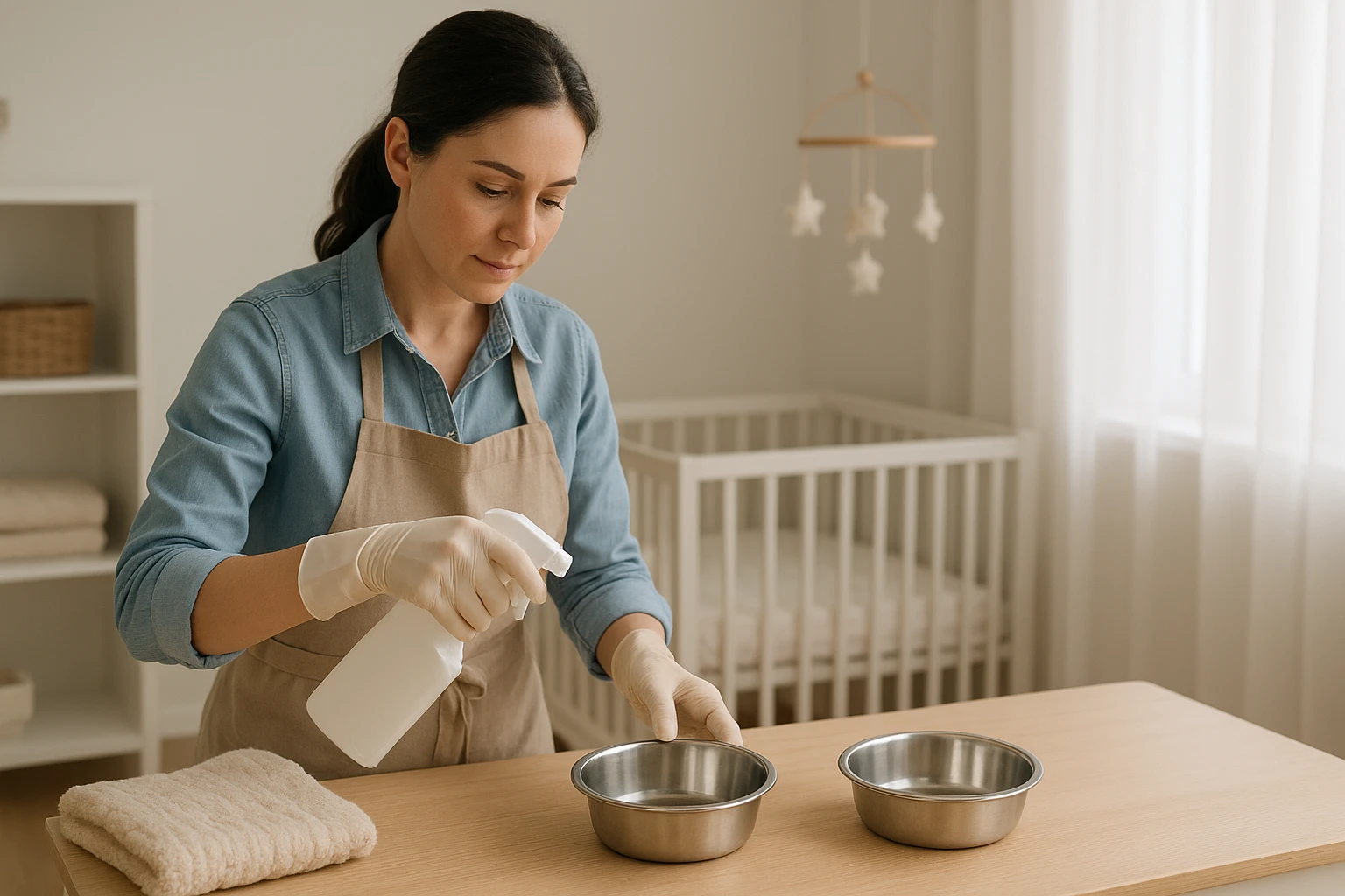 Breeder sanitizing bowls beside fresh puppy bedding