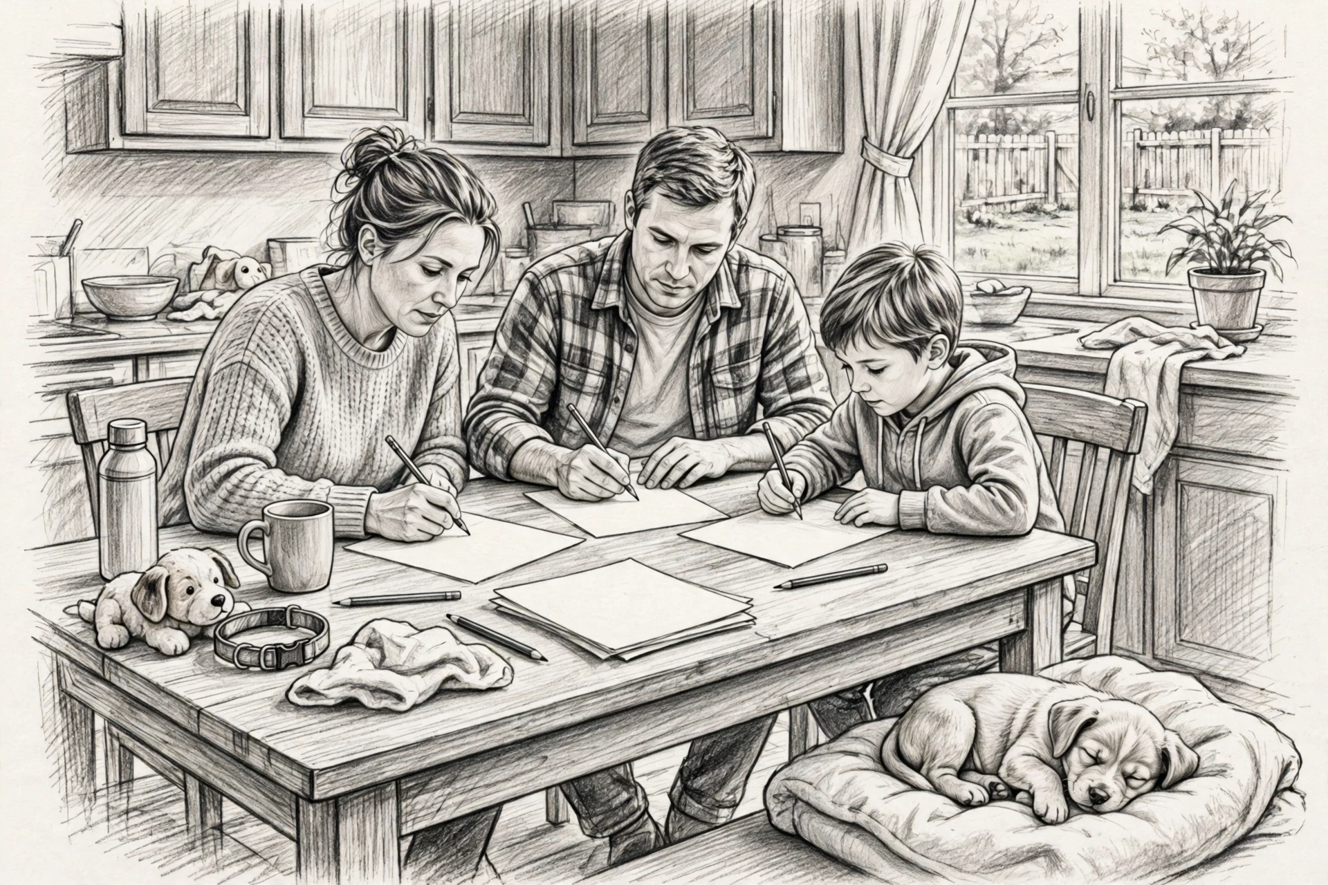 Family completing puppy application at kitchen table