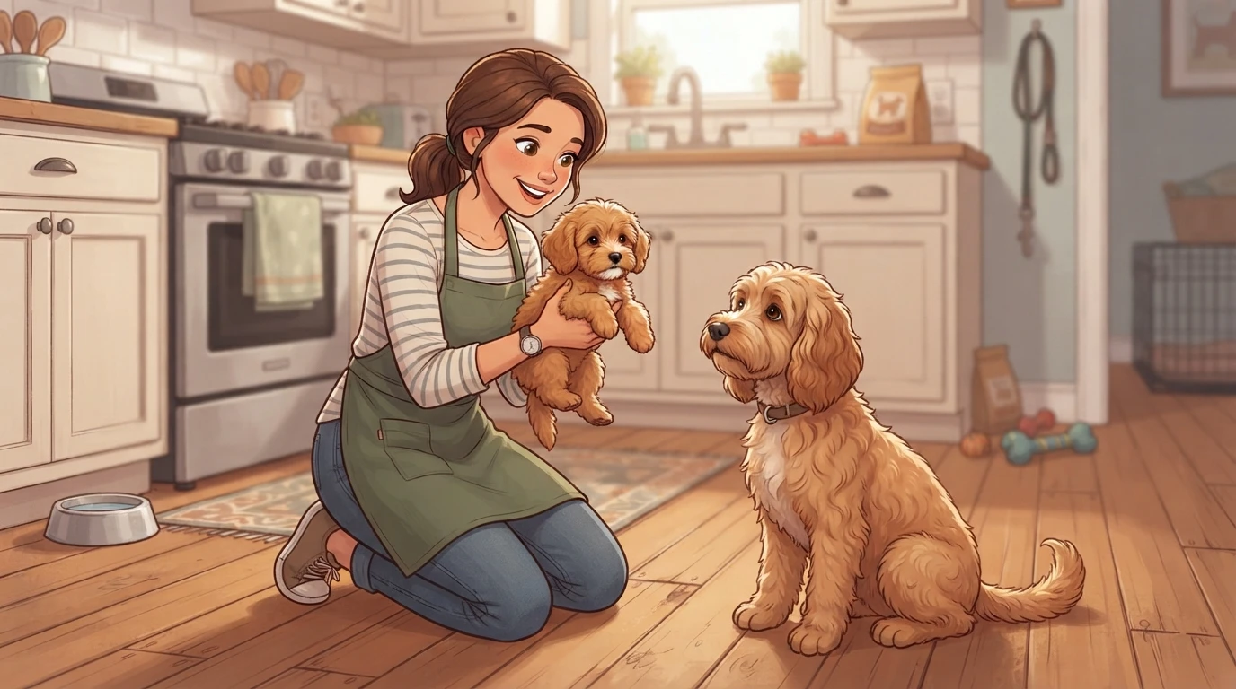 Breeder kneels with small poodle mix puppy and mother dog