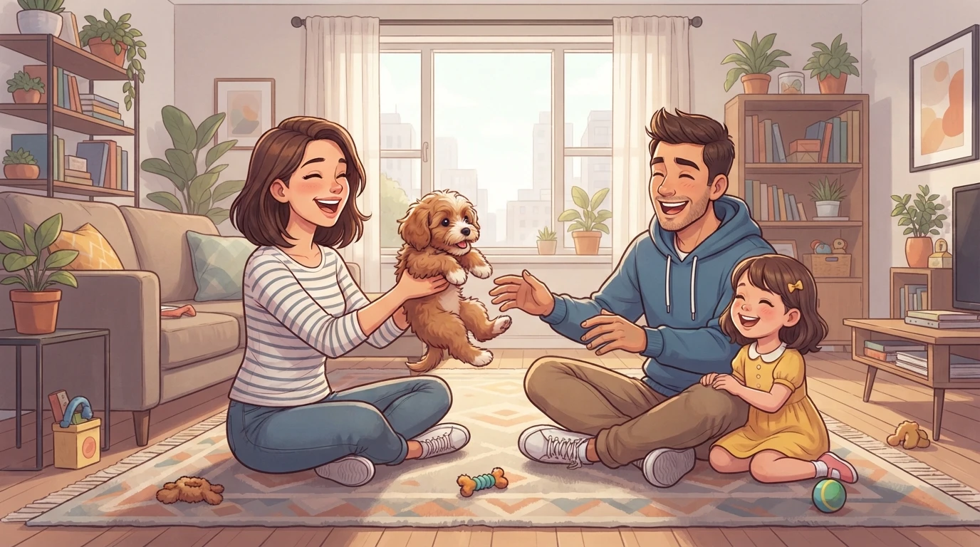 Family playing with small puppy in cozy living room