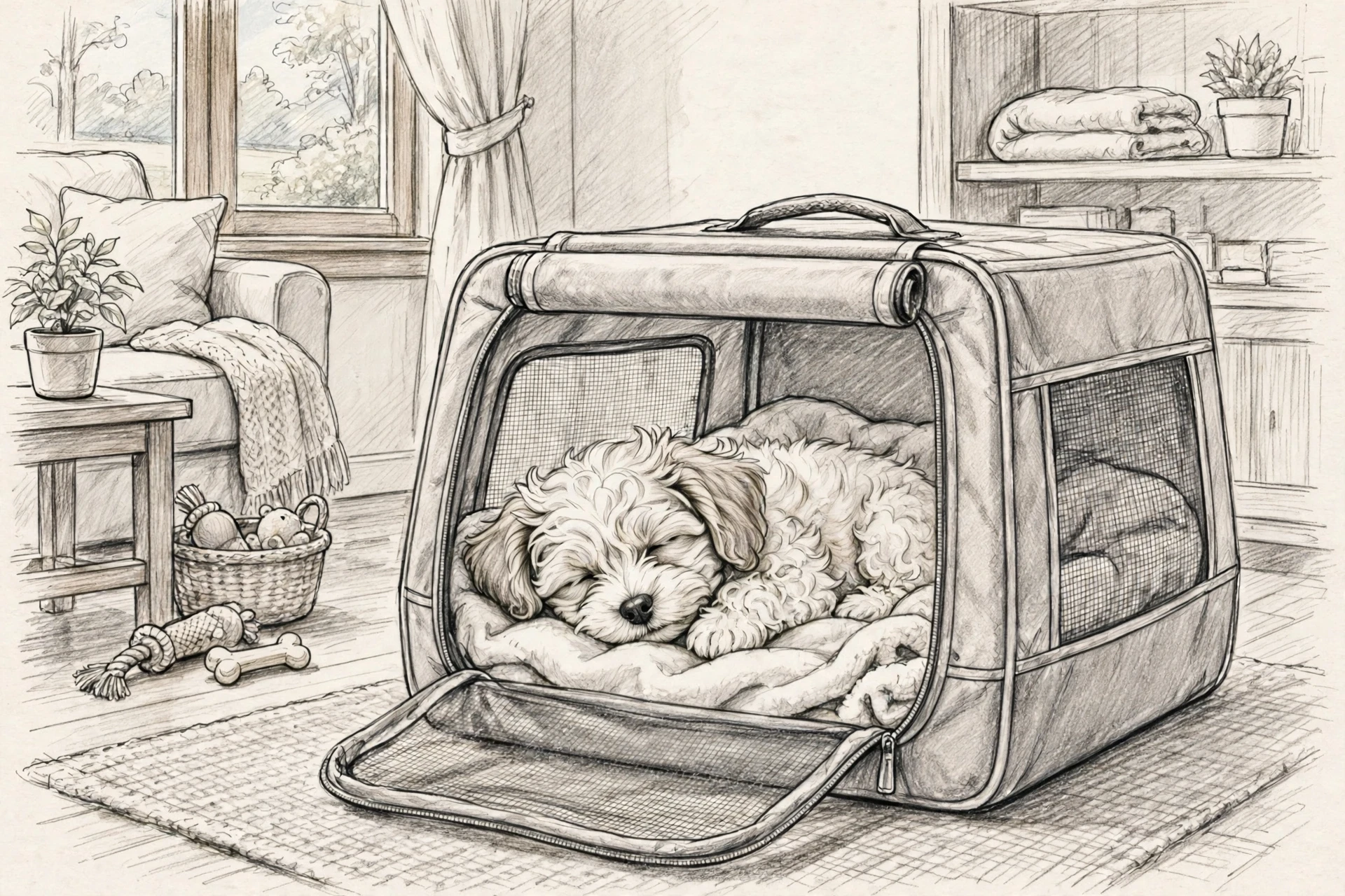 Havanese puppy settling into a crate in a bright living room