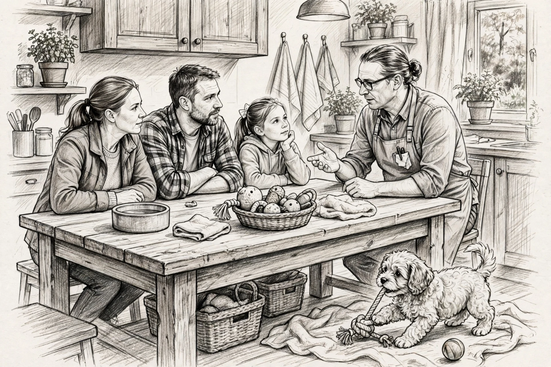 Family questions breeder beside a