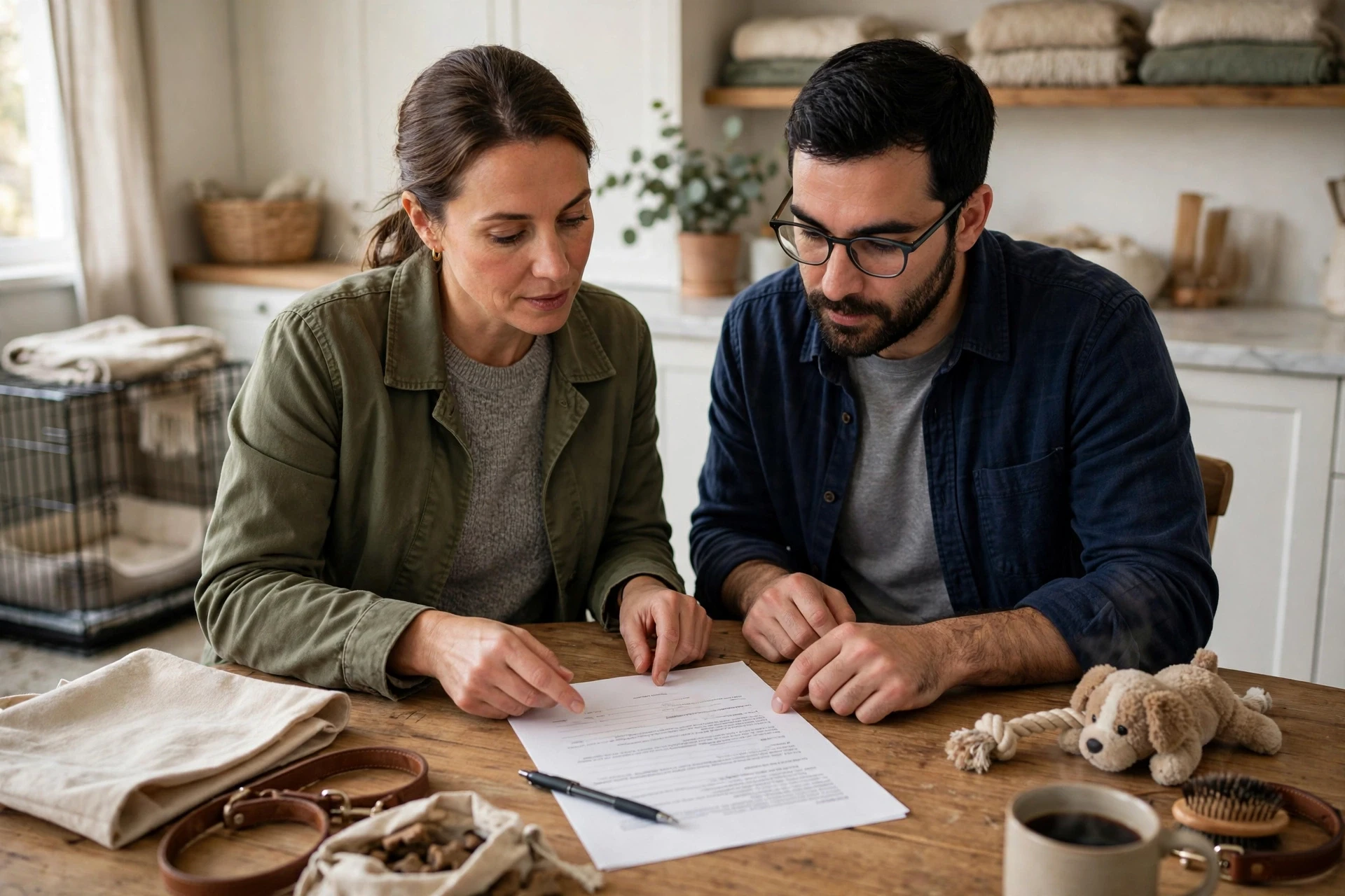 Breeder and buyer review contract at kitchen table