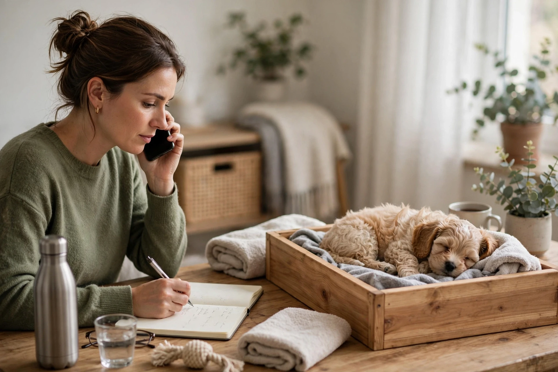 Buyer takes notes beside a sleeping Cavapoo puppy