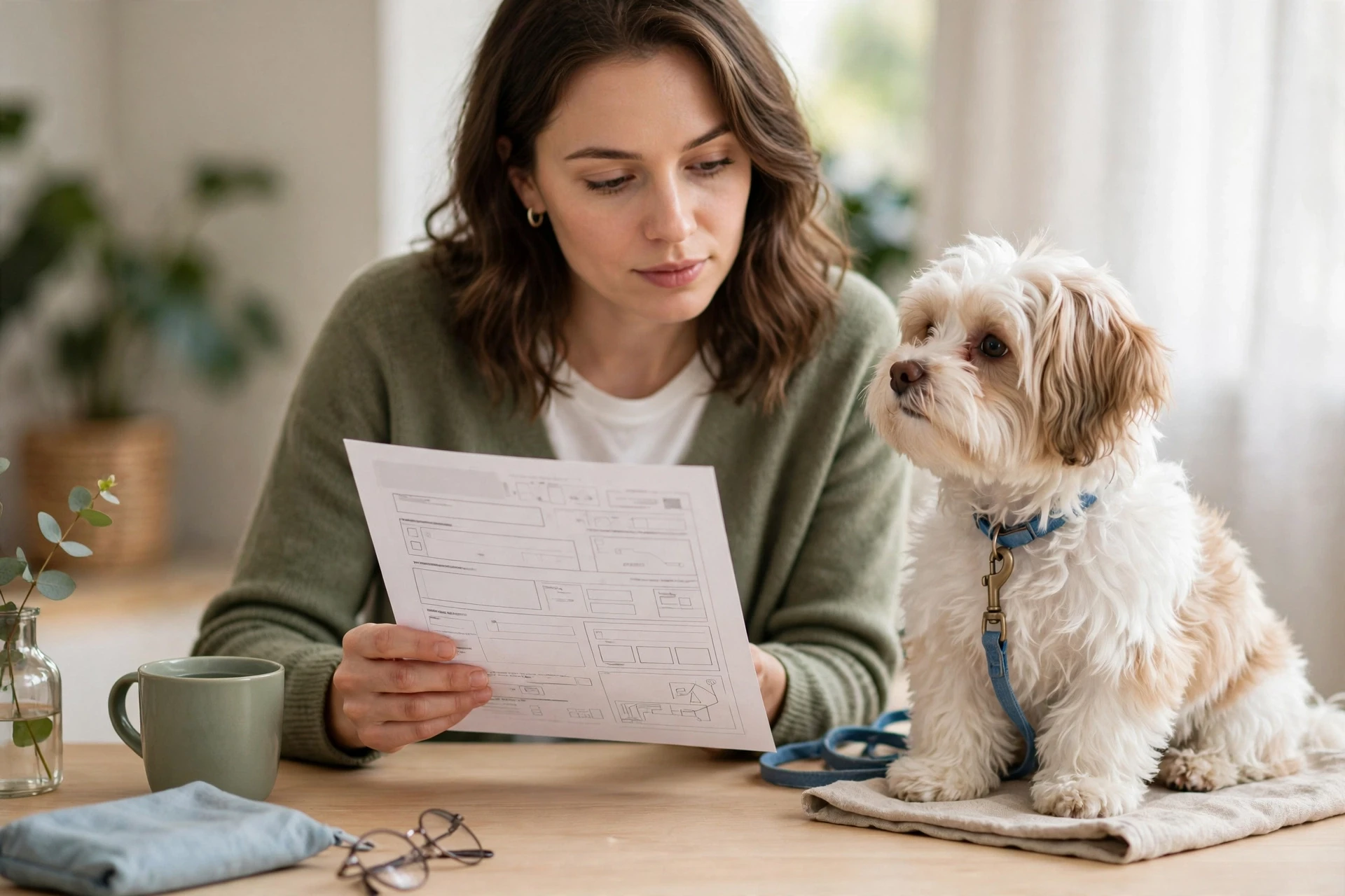 Reviewing OFA certificate beside Havanese puppy