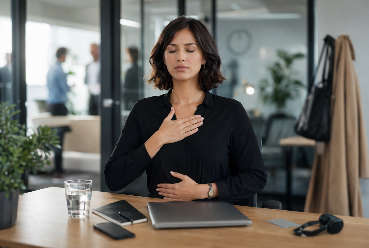 Personne assise au bureau pratiquant une respiration lente