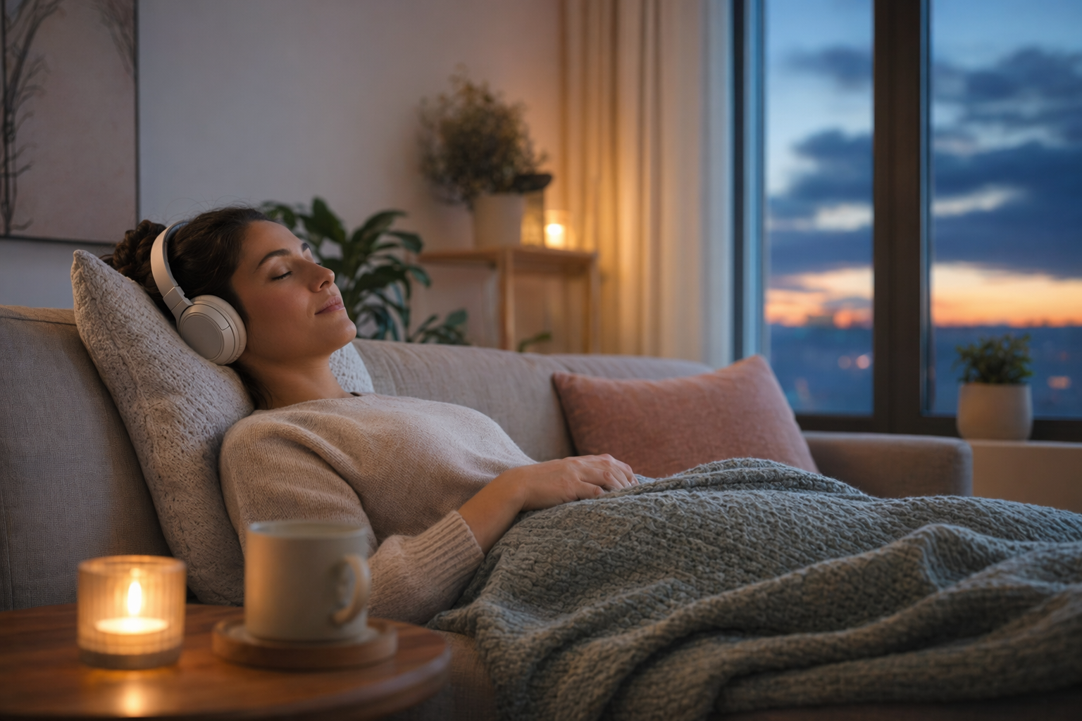 Personne allongée sur un canapé avec écouteurs dans un intérieur apaisant