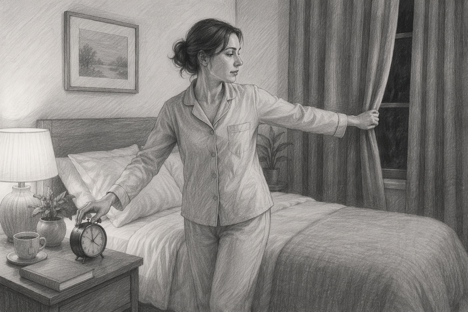 Adulte réglant un réveil dans une chambre calme