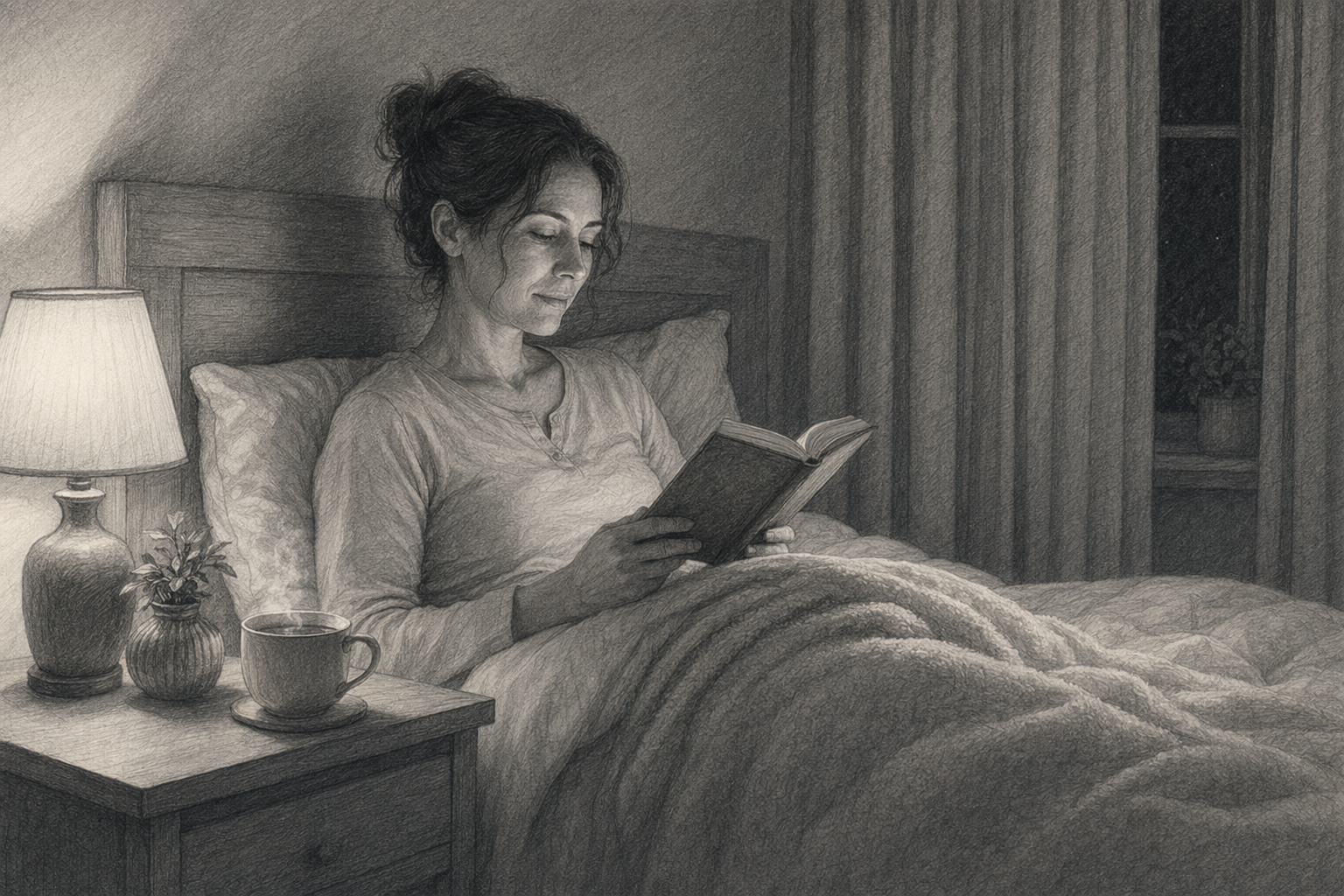 Adulte lisant au lit avec tisane et lumière tamisée