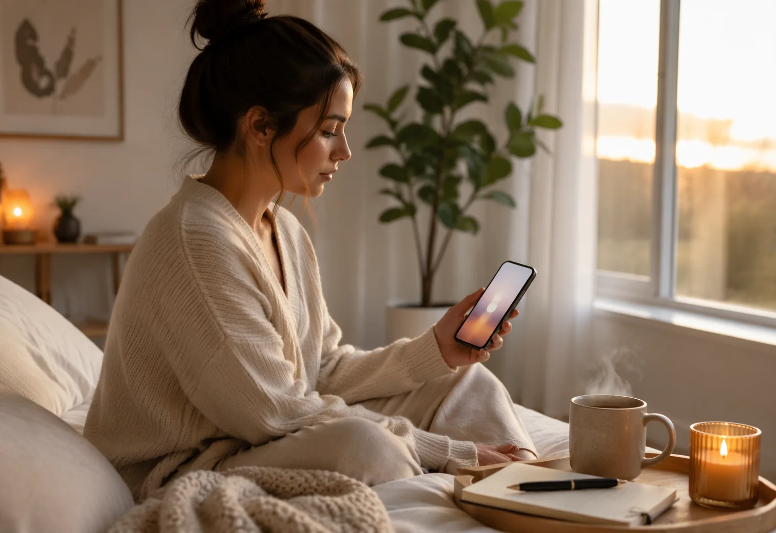 Personne en tenue confortable choisissant un audio Ritual au réveil