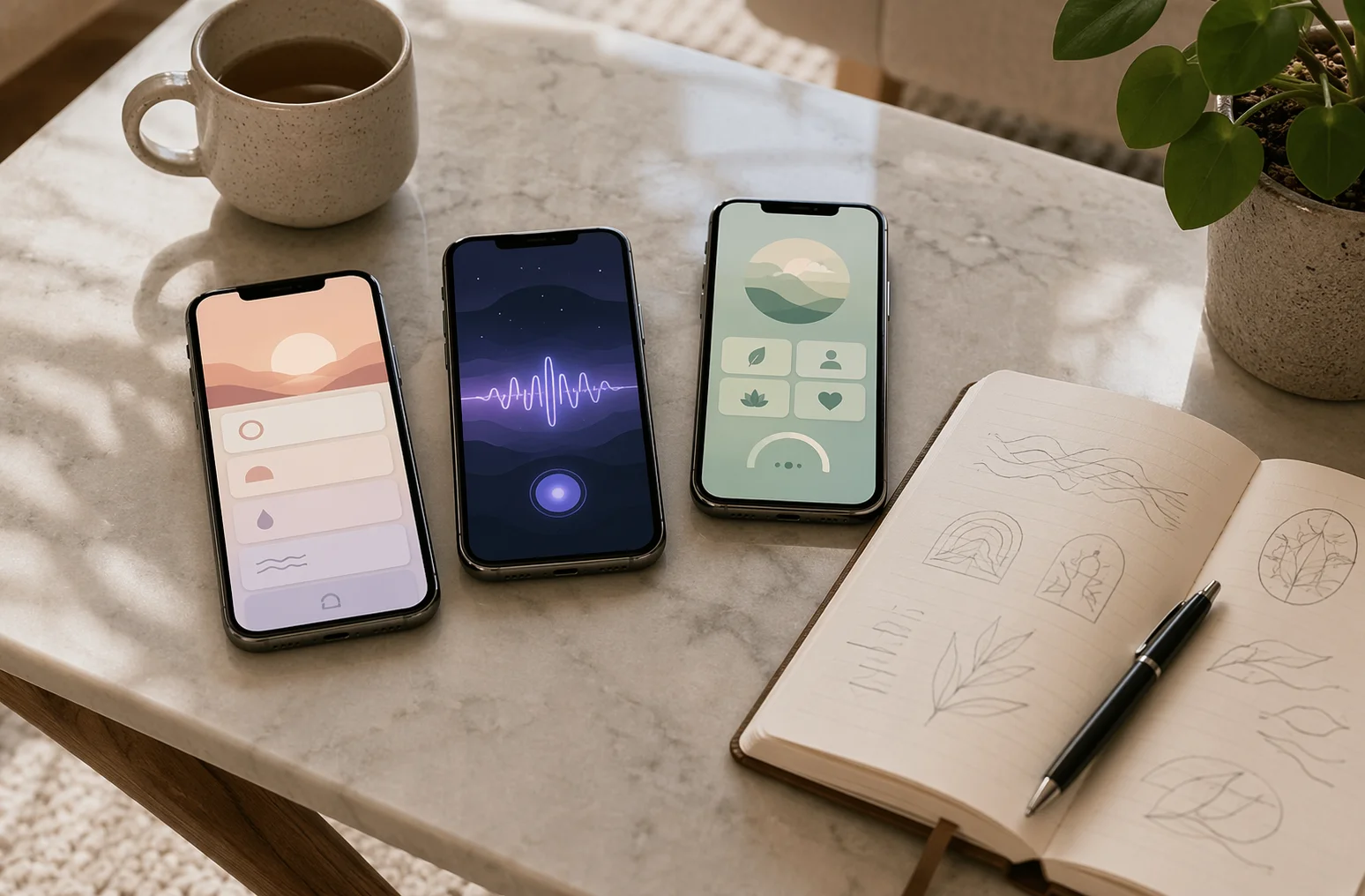 Comparatif d'applications bien-être sur smartphone et carnet de notes