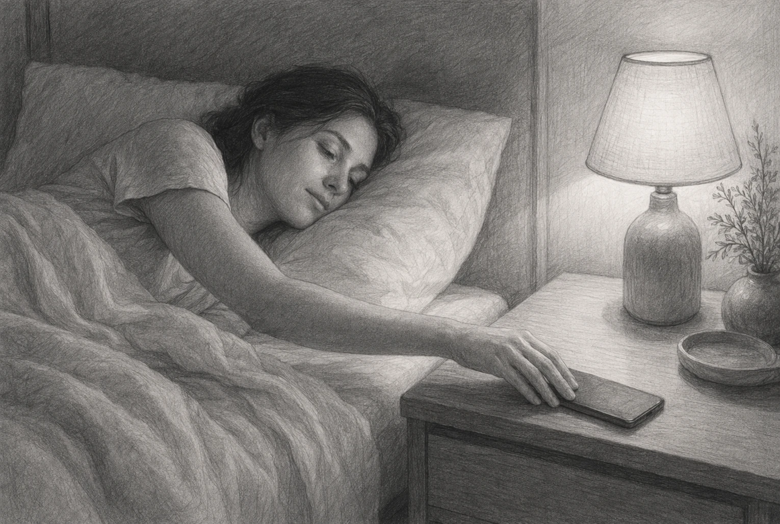 Personne posant son smartphone face contre la table de nuit dans une chambre tamisée