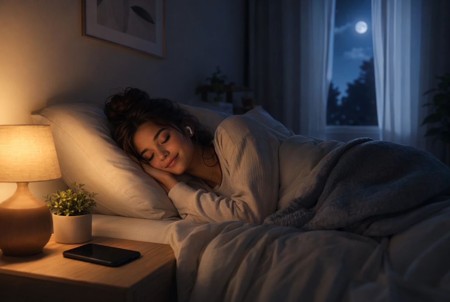 Personne allongée écoutant de la musique douce dans une chambre tamisée