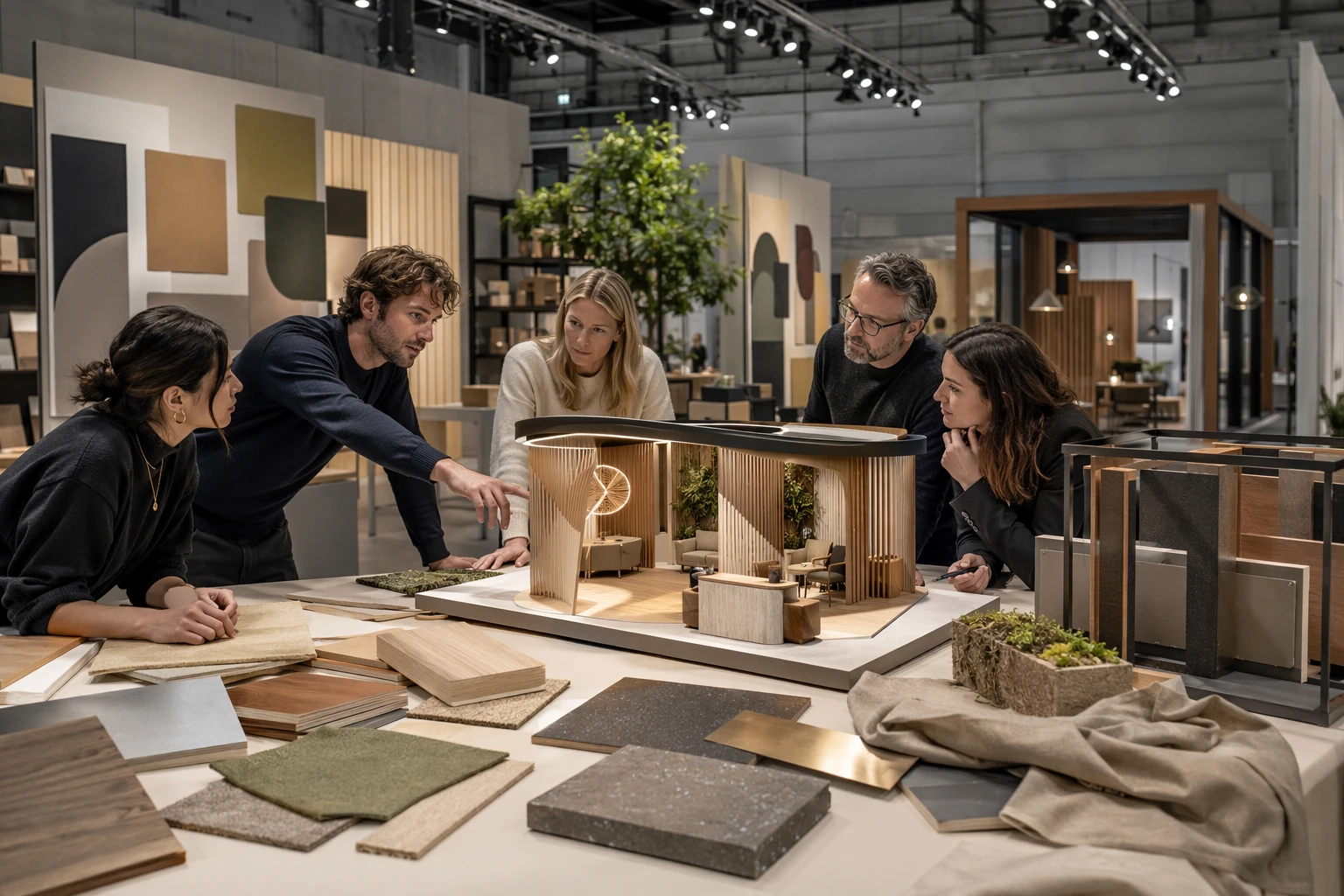 Marketingteam bespreekt luxe maatwerkstand in modern ontwerpatelier