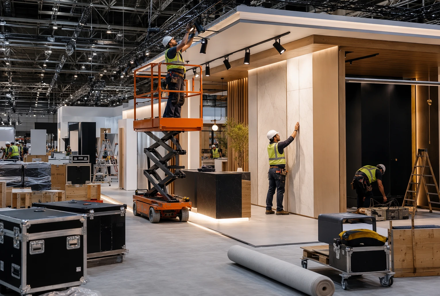 Beurshal montage van standbouwers tijdens opening
