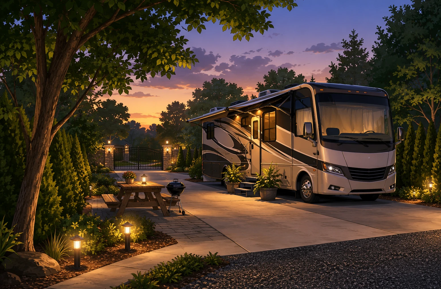 Shaded RV site with trees and quiet evening