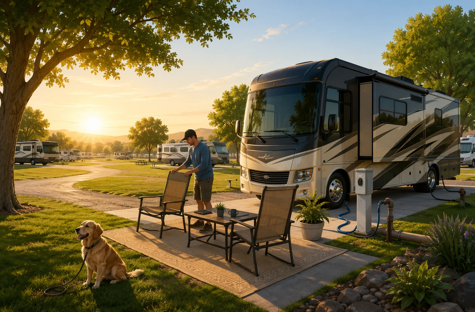 Remote worker arranging patio chairs beside RV at sunrise