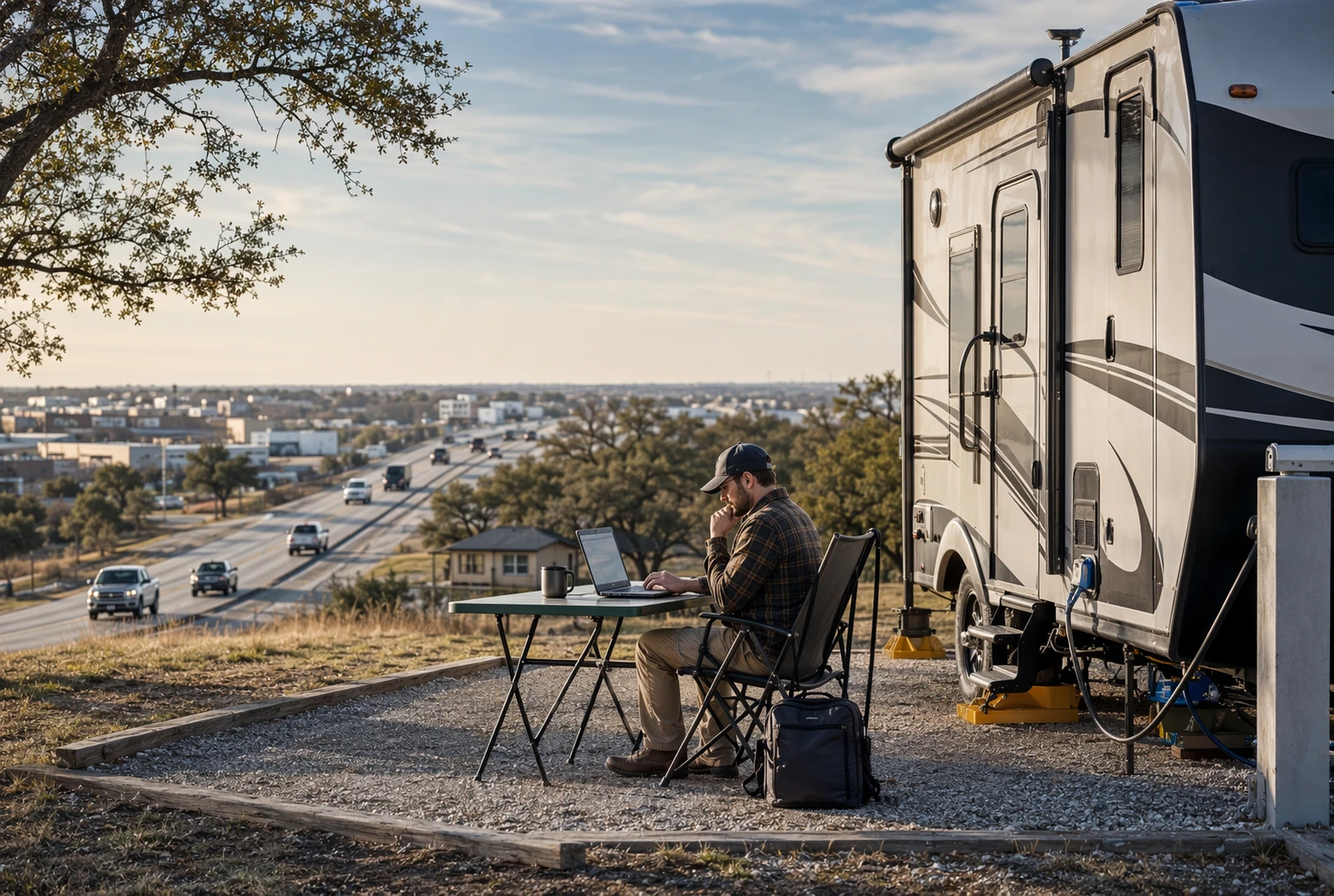 Remote worker outside RV with highway backdrop
