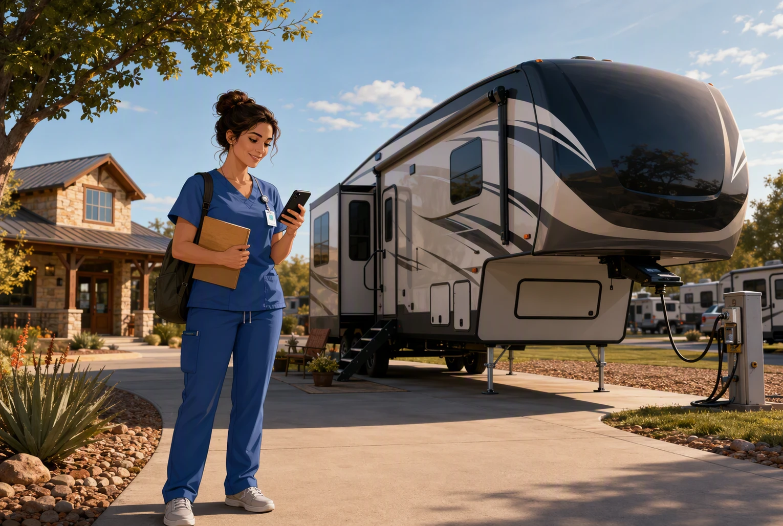 Travel nurse reviewing arrival details beside parked fifth wheel
