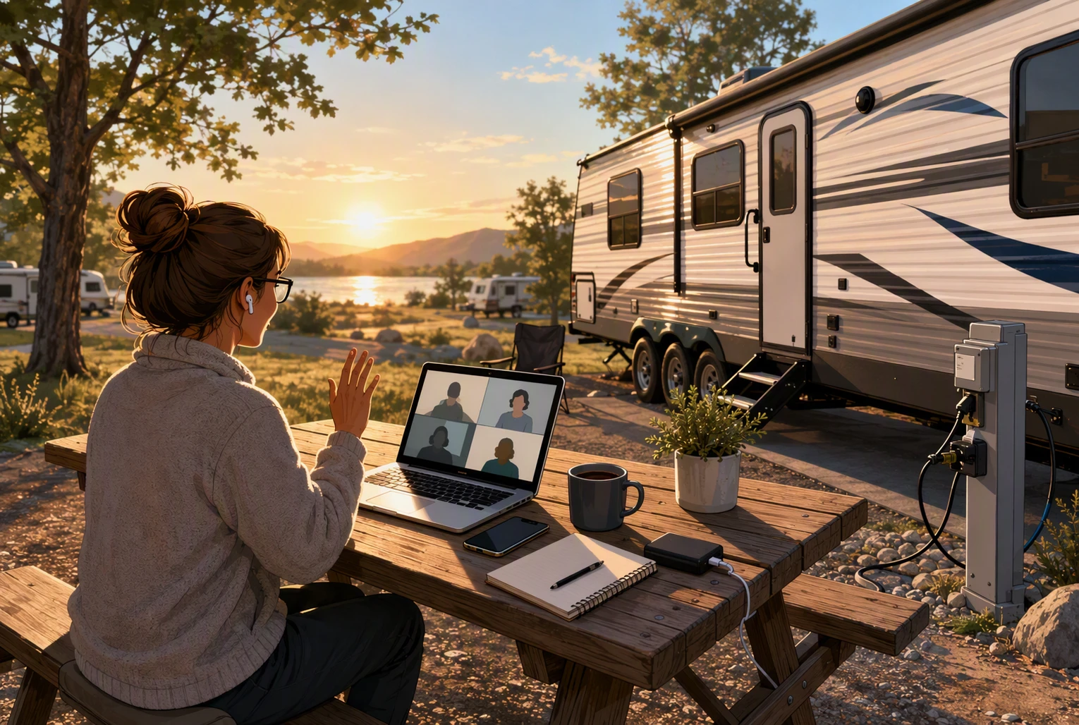 Remote worker on RV picnic table during sunrise with laptop and Wi-Fi signal