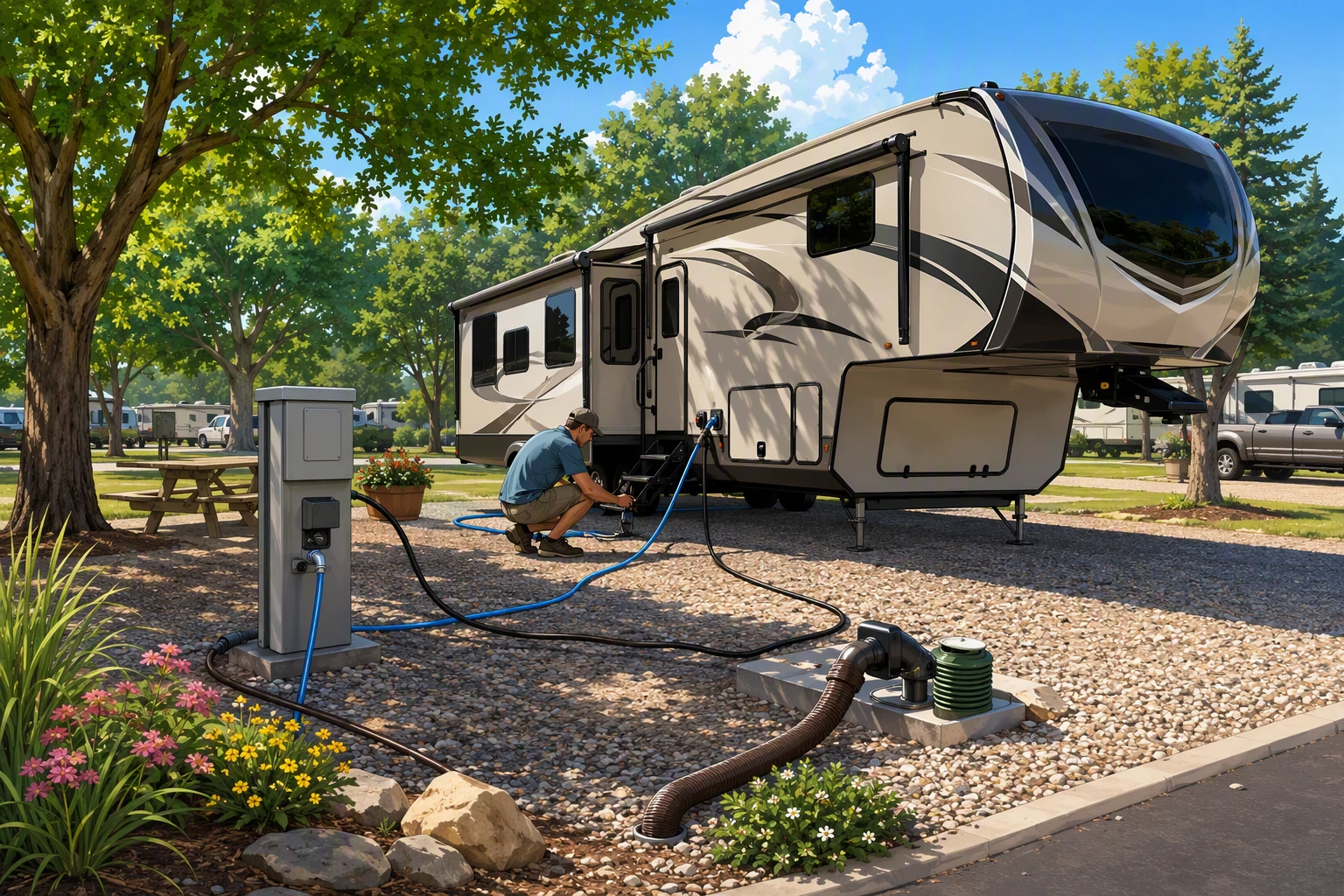 RV owner connecting water hose and power cord at gravel pad