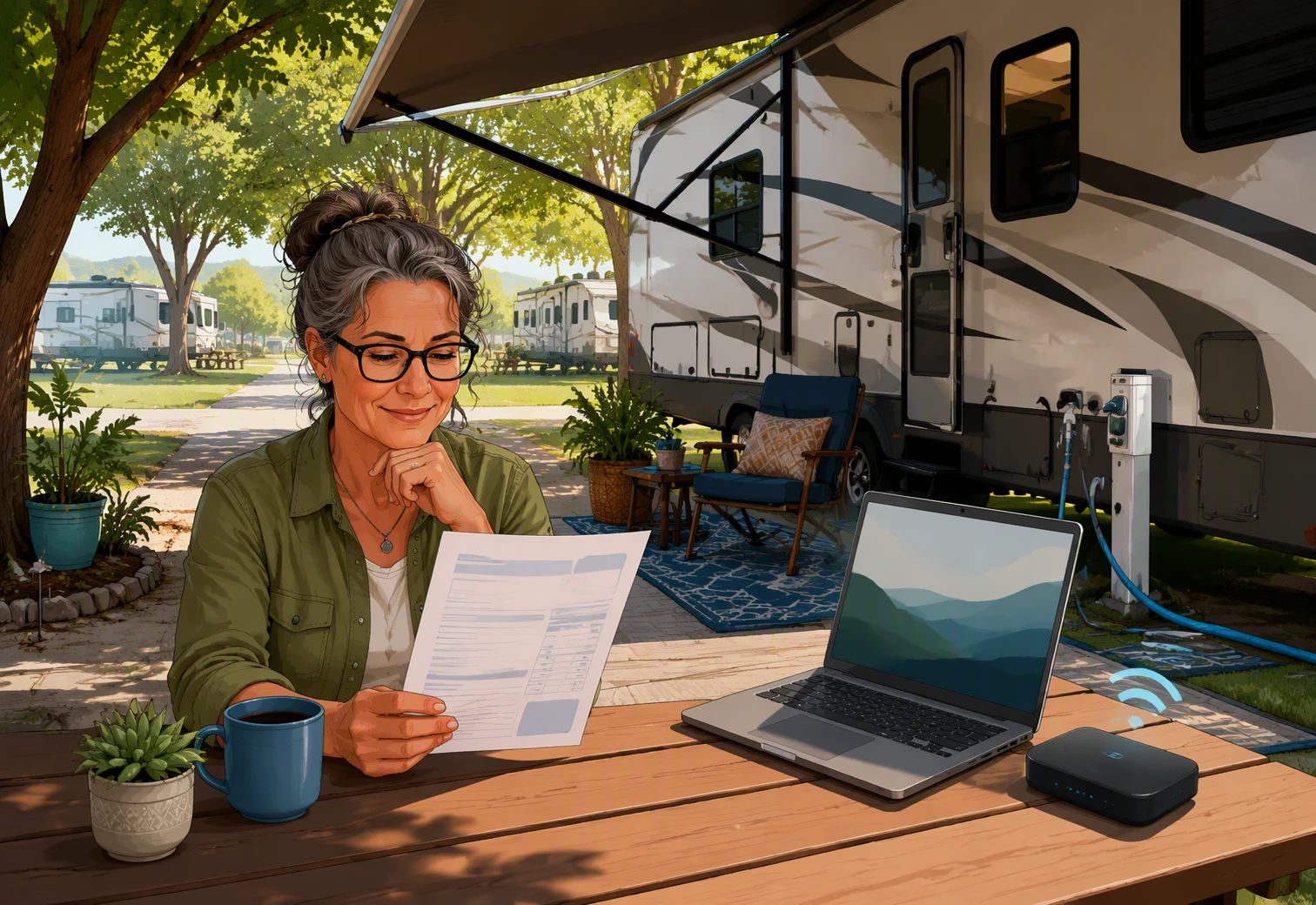 RVer reviewing a simple monthly bill outdoors