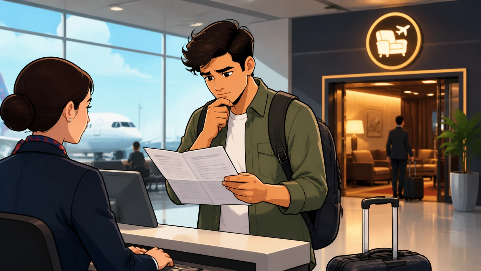 Traveler reviewing credit card terms at airport check-in counter