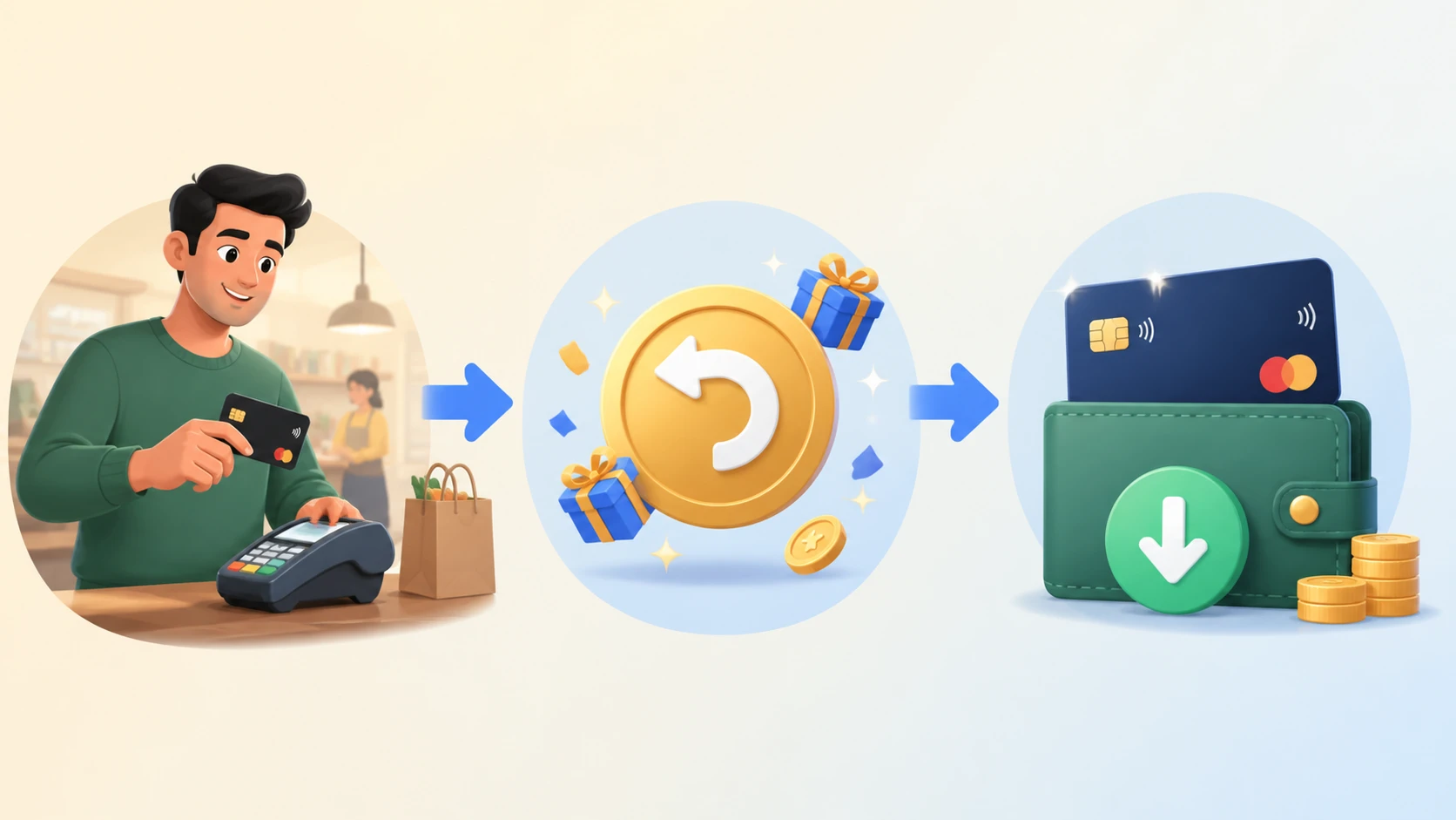 Cartoon credit card with flowchart of cashback process