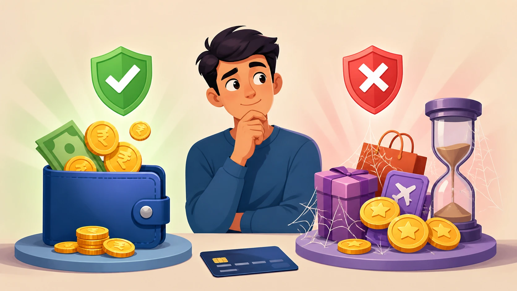 Cartoon of a credit card with redemption thresholds and caps