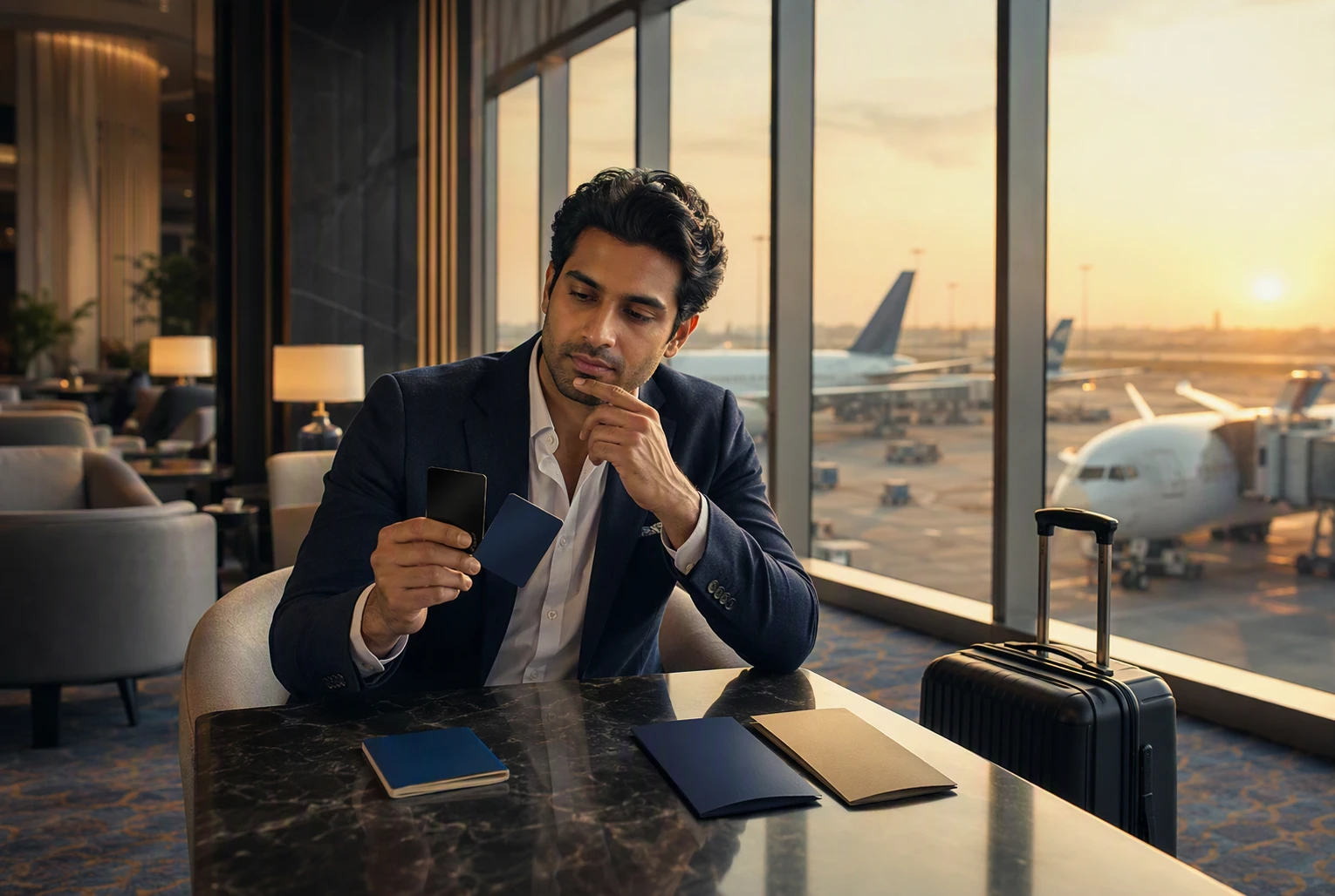 Indian traveler comparing cards at airport lounge