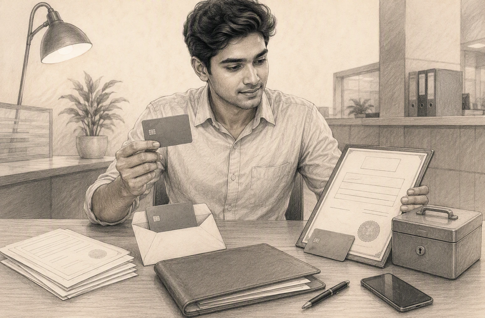Young applicant reviewing credit card routes beside FD certificate