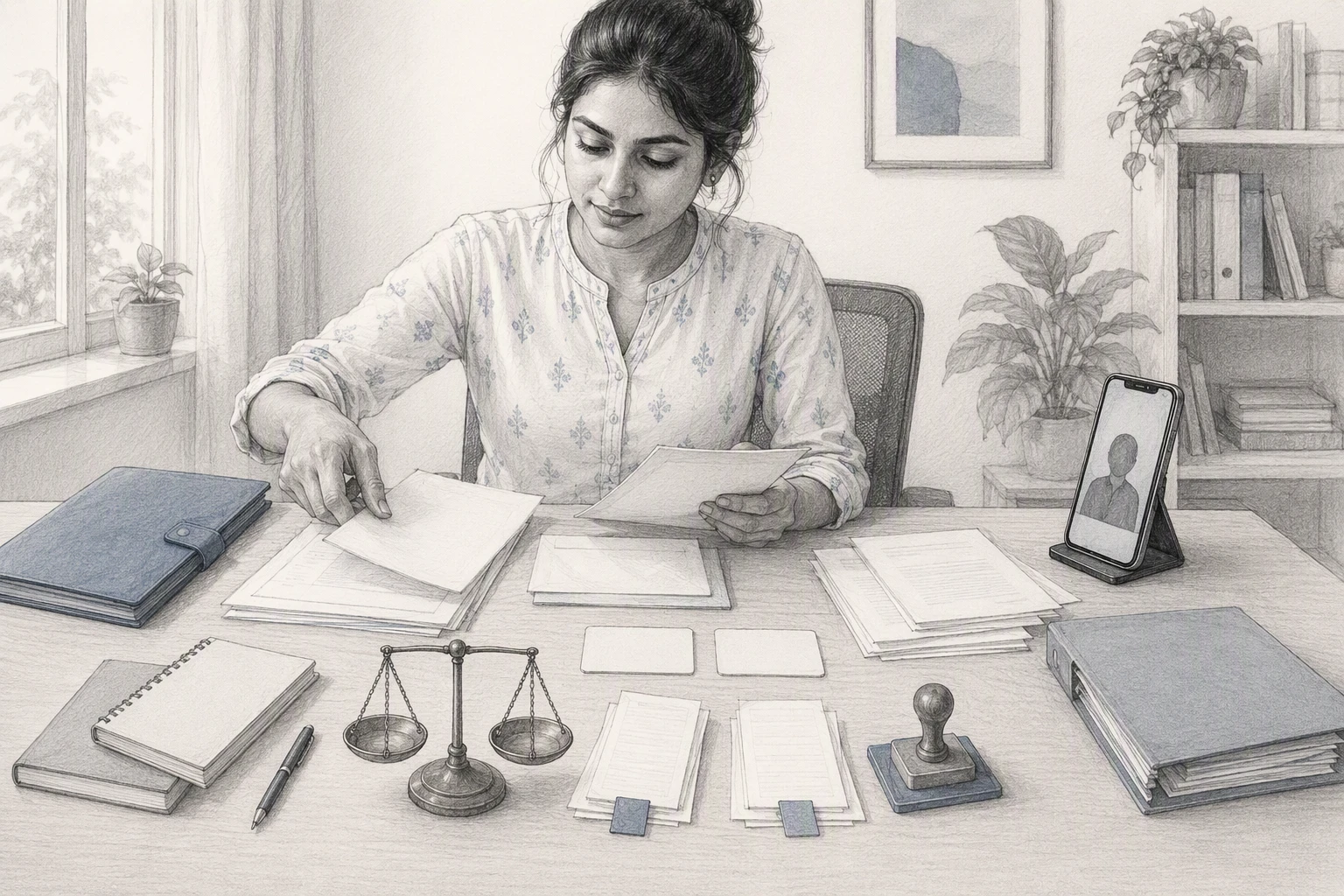 Pencil sketch of applicant reviewing documents
