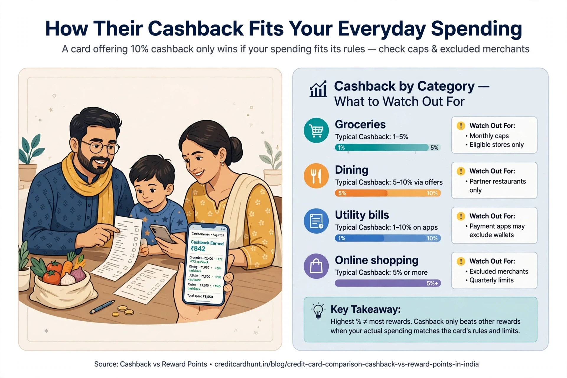 Family reviewing grocery receipts beside cashback chart